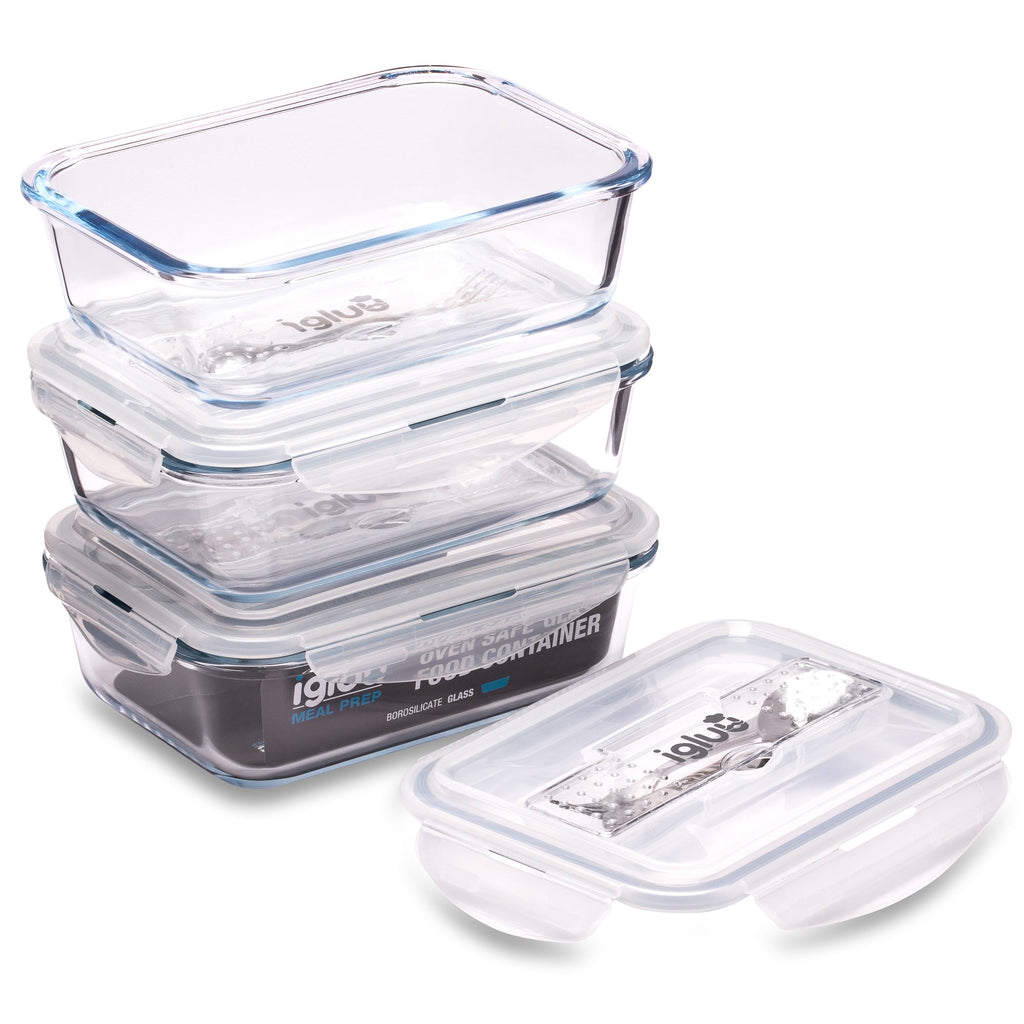 Set of three Igluu Meal Prep glass containers with cutlery lids, 1050 ml capacity, perfect for food storage and meal prep.