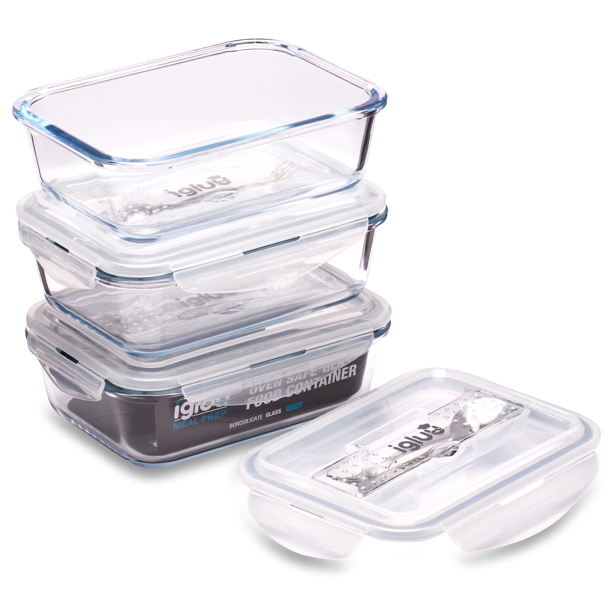 Set of three Igluu Meal Prep glass containers with cutlery lids, 1050 ml capacity, perfect for food storage and meal prep.
