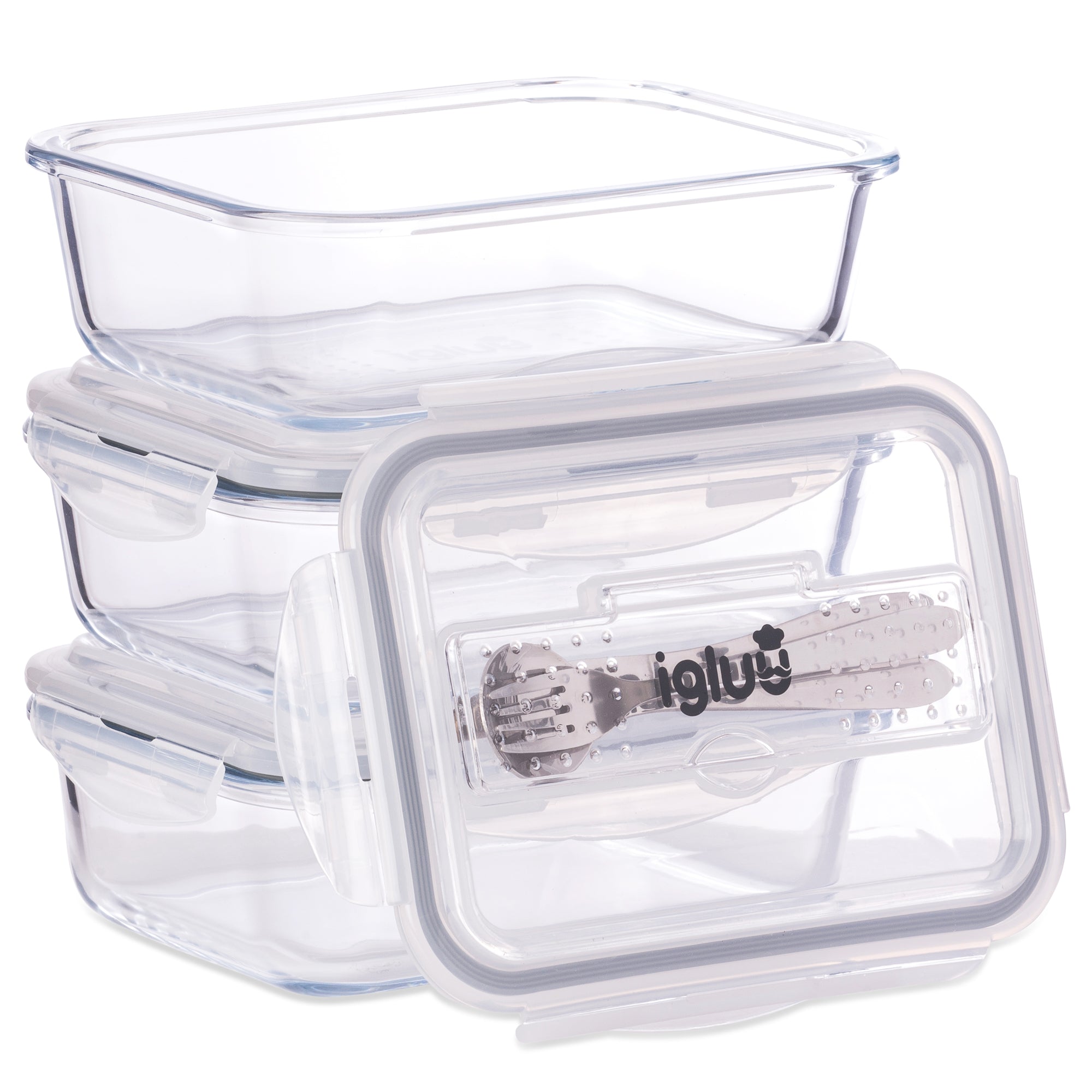 Set of three 1050 ml Igluu Meal Prep glass containers with cutlery lids, ideal for storing and organizing meals.