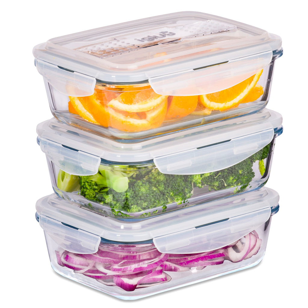 Three Igluu Meal Prep glass containers with cutlery lids, 1050 ml capacity, featuring secure lids and included cutlery.