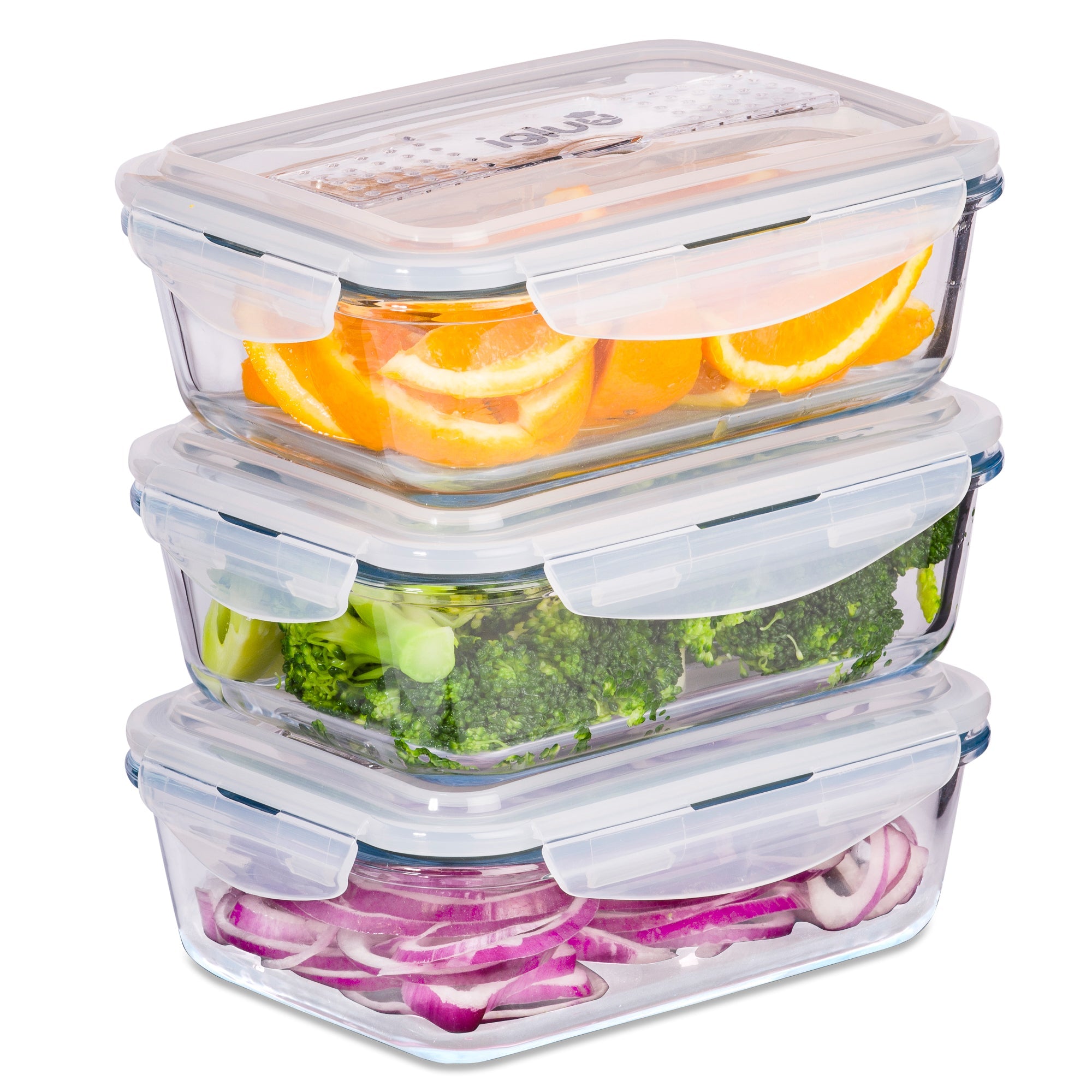 Three Igluu Meal Prep glass containers with cutlery lids, 1050 ml capacity, featuring secure lids and included cutlery.