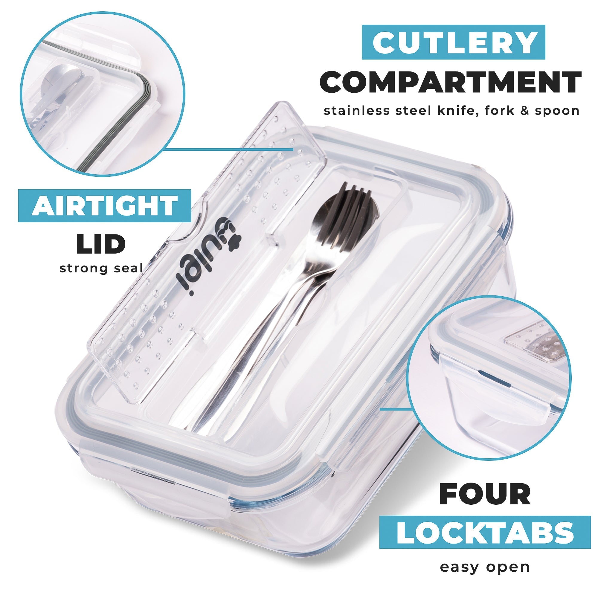 Set of three Igluu Meal Prep glass containers with cutlery lids, 1050 ml capacity for meal storage and organization.