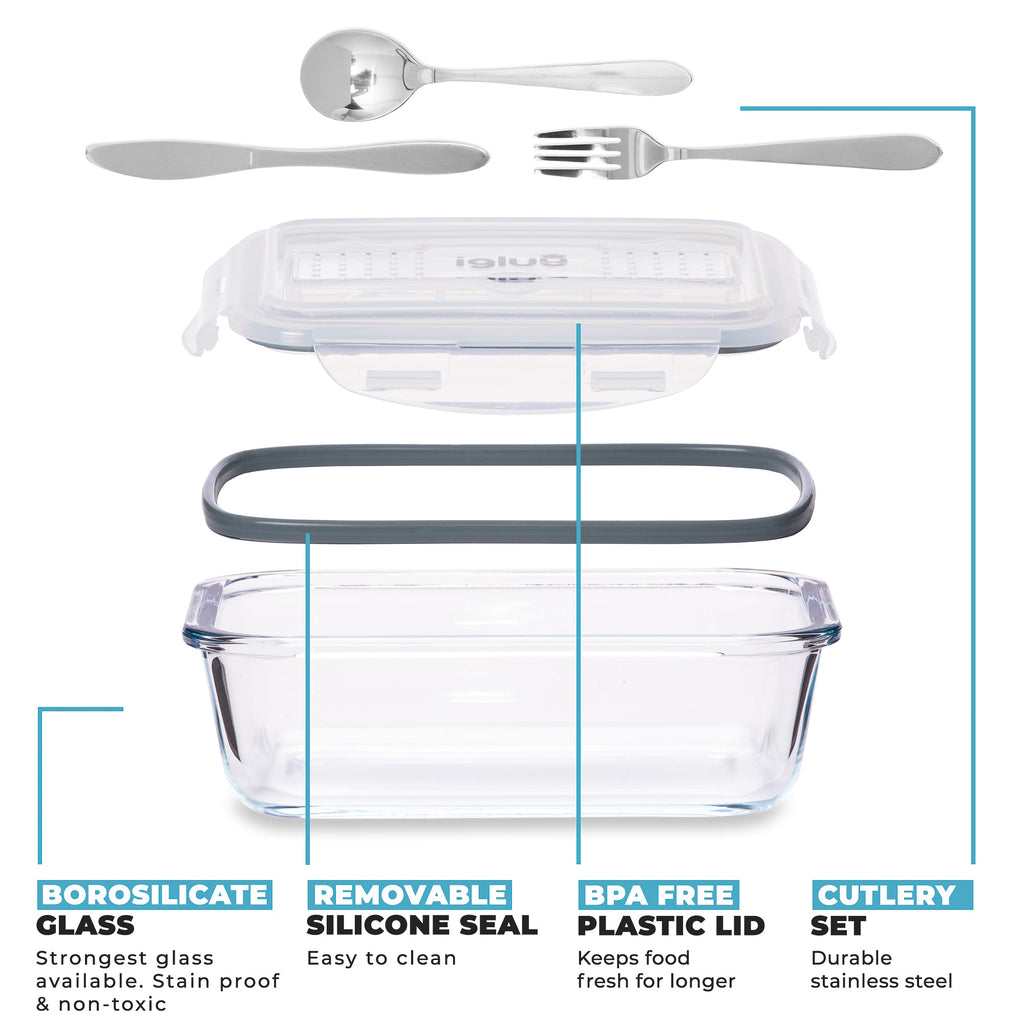 Set of three Igluu Meal Prep glass containers with cutlery lids, 1050 ml capacity, ideal for storing and organizing meals.