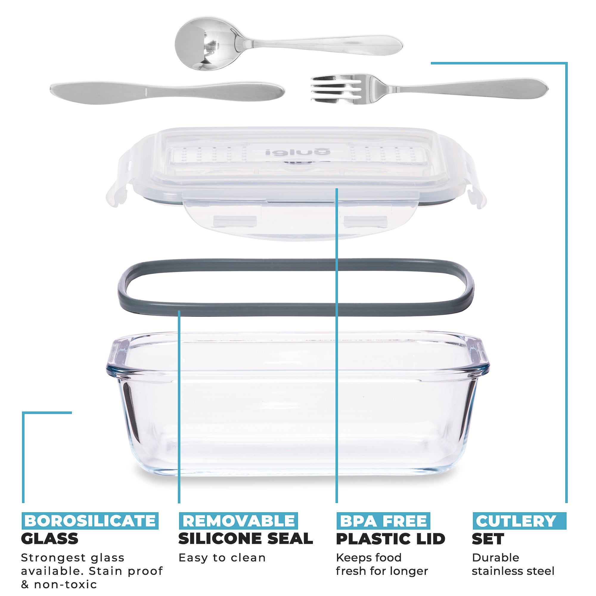 Set of three Igluu Meal Prep glass containers with cutlery lids, 1050 ml capacity, ideal for storing and organizing meals.