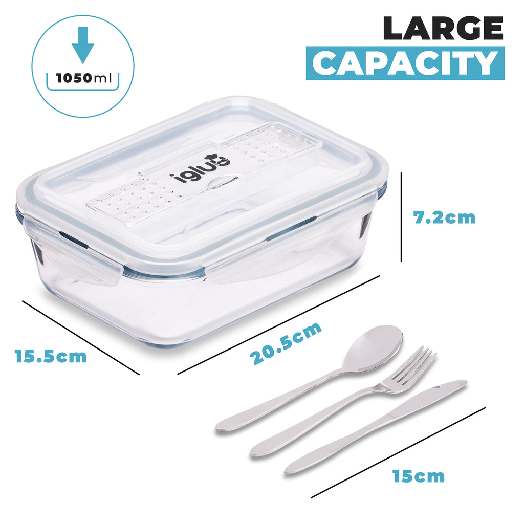 Set of three Igluu Meal Prep glass containers with cutlery lids, 1050 ml, ideal for storing and meal prepping.