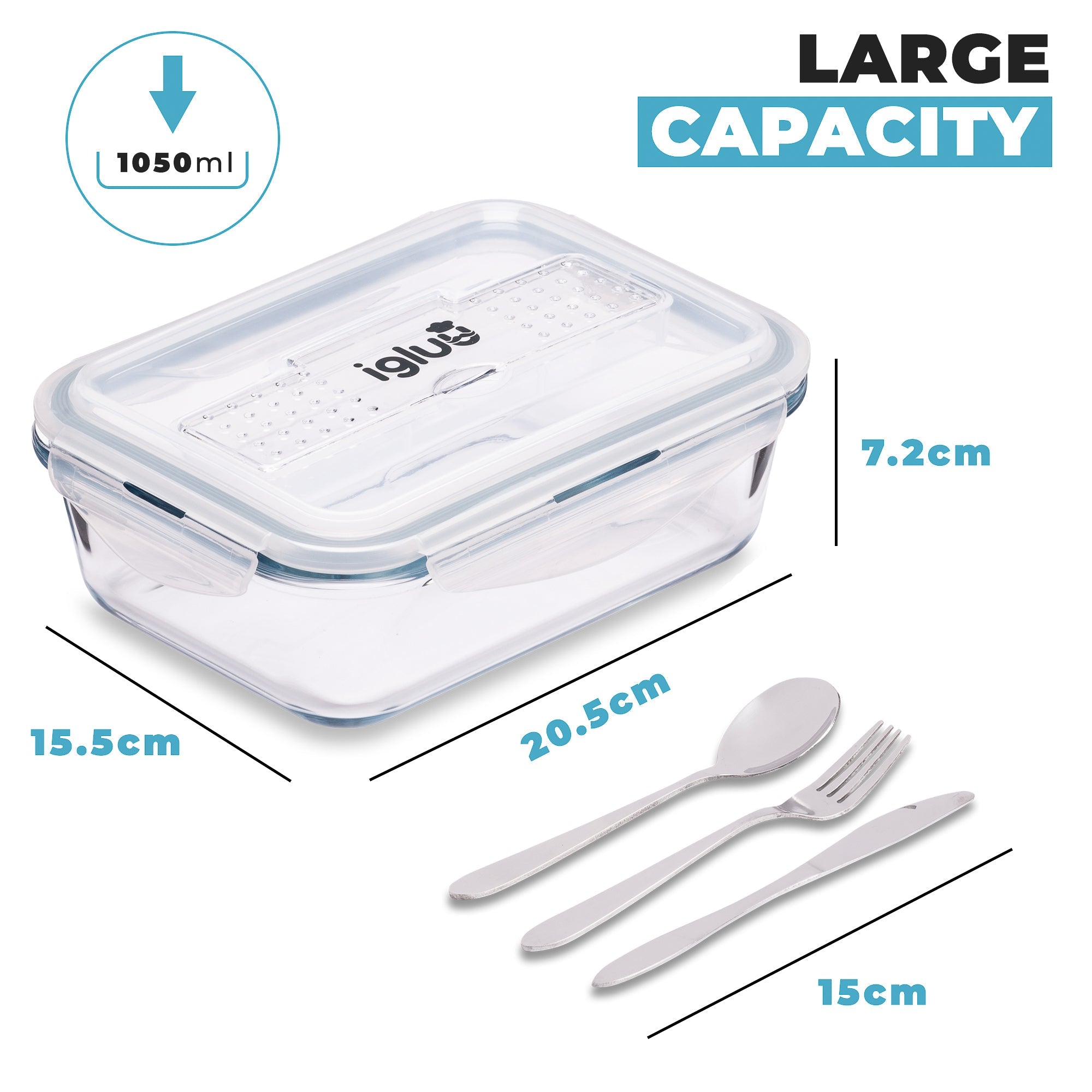 Set of three Igluu Meal Prep glass containers with cutlery lids, 1050 ml, ideal for storing and meal prepping.