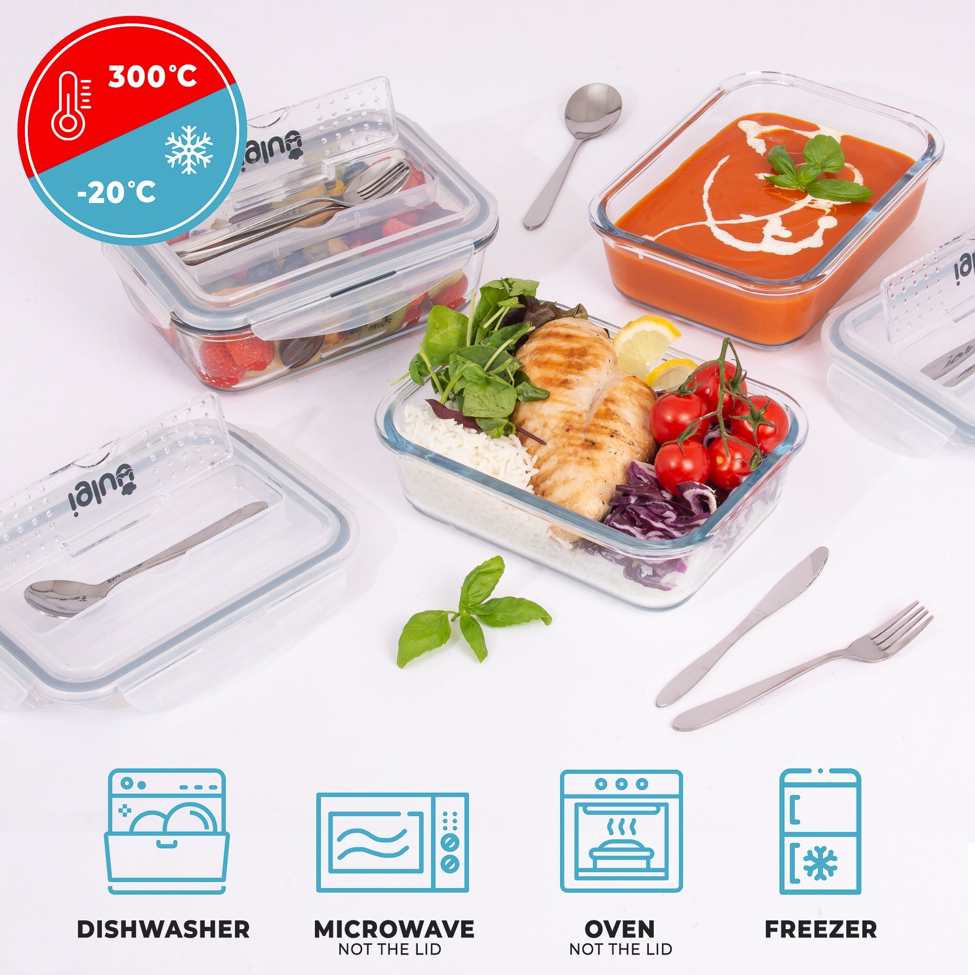 Three Igluu Meal Prep glass containers with cutlery lids, 1050 ml capacity, showcasing clear storage and included utensils.