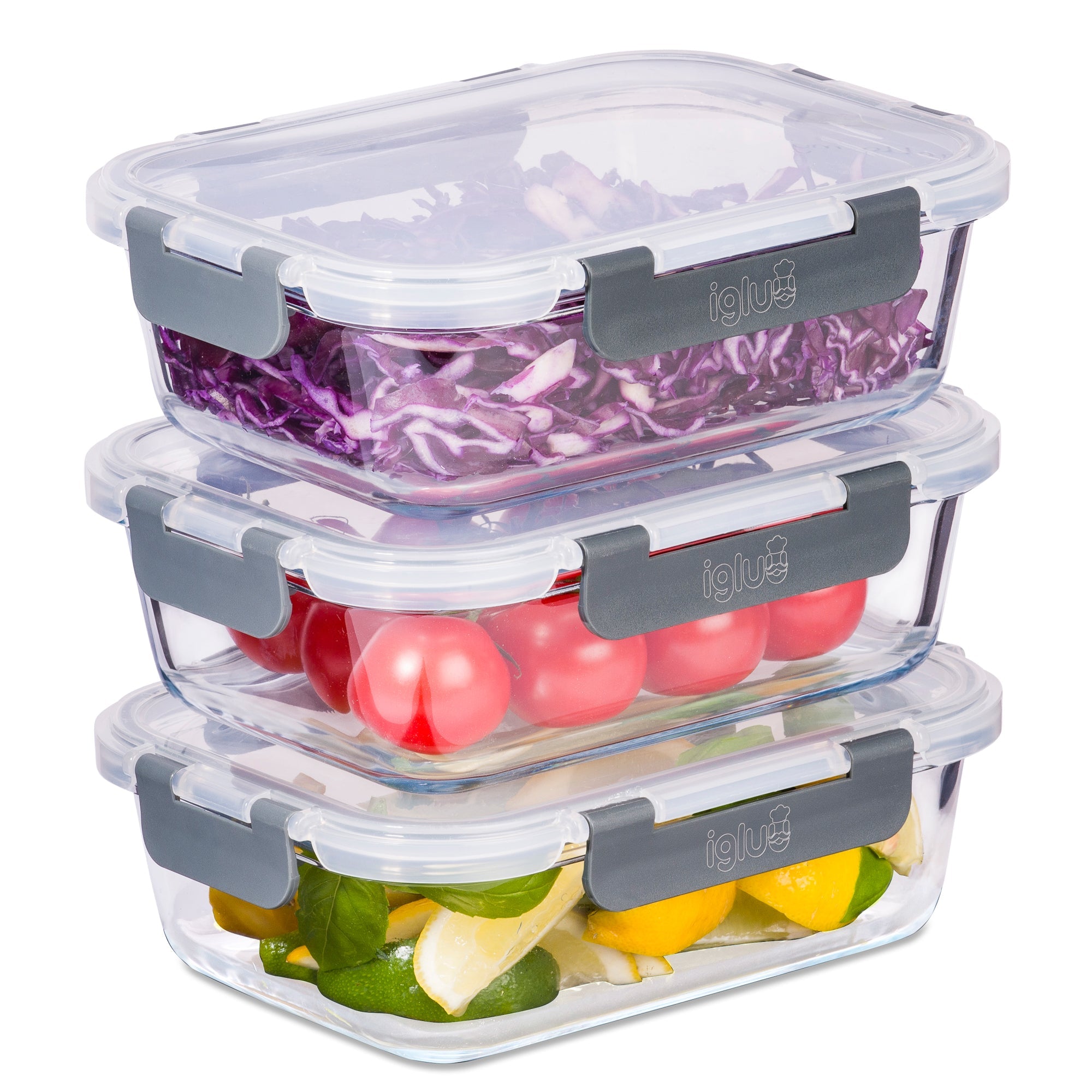 Three Igluu Meal Prep glass food storage containers with airtight lids, 1050ml capacity, rectangular shape, suitable for meal prep.
