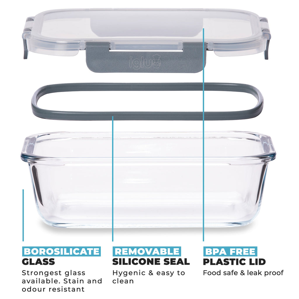 Set of three Igluu Meal Prep glass food storage containers with airtight lids, 1050ml, rectangular shape for meal prepping.