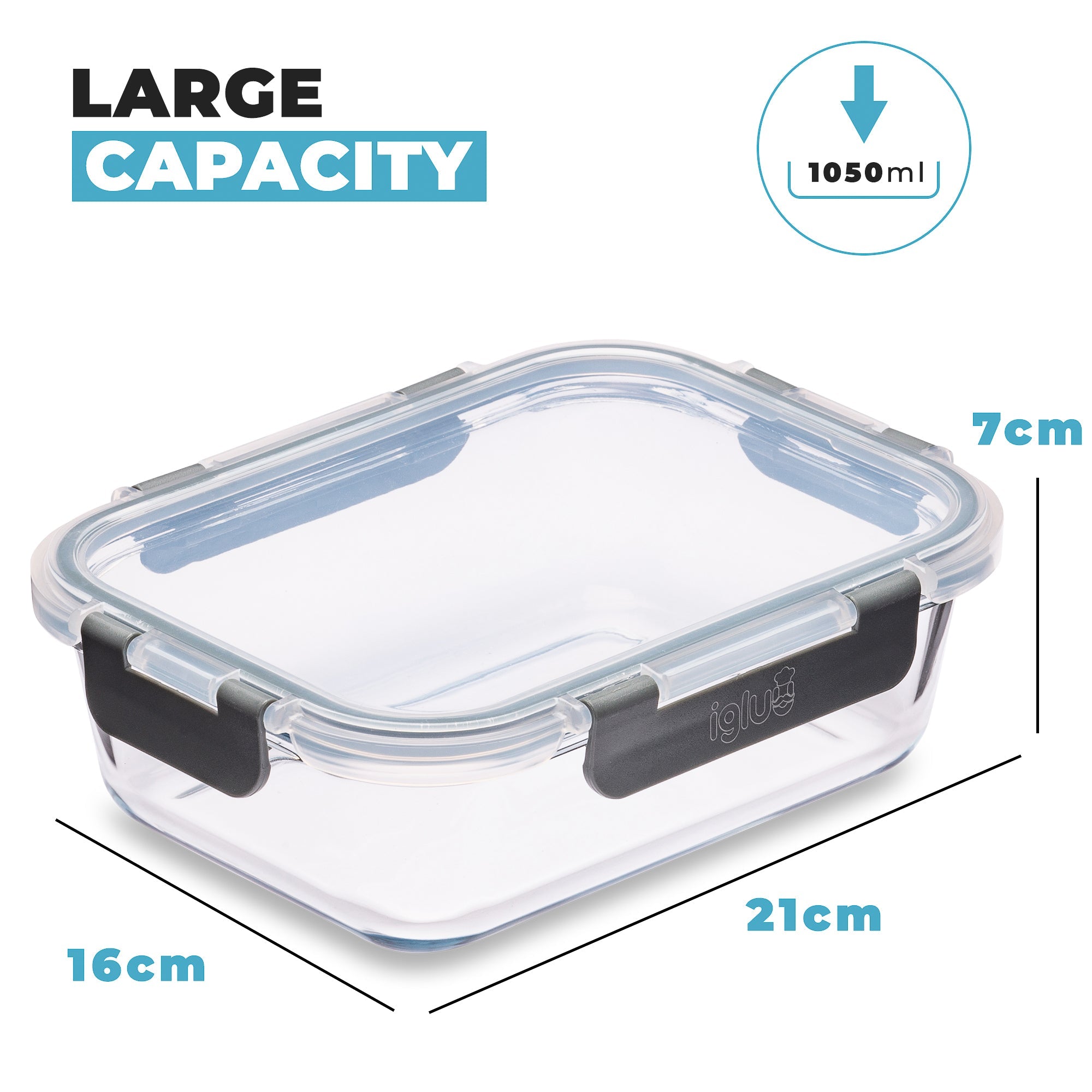 Set of five Igluu Meal Prep glass food storage containers with airtight lids, 1050ml capacity, rectangular shape for meal prep.