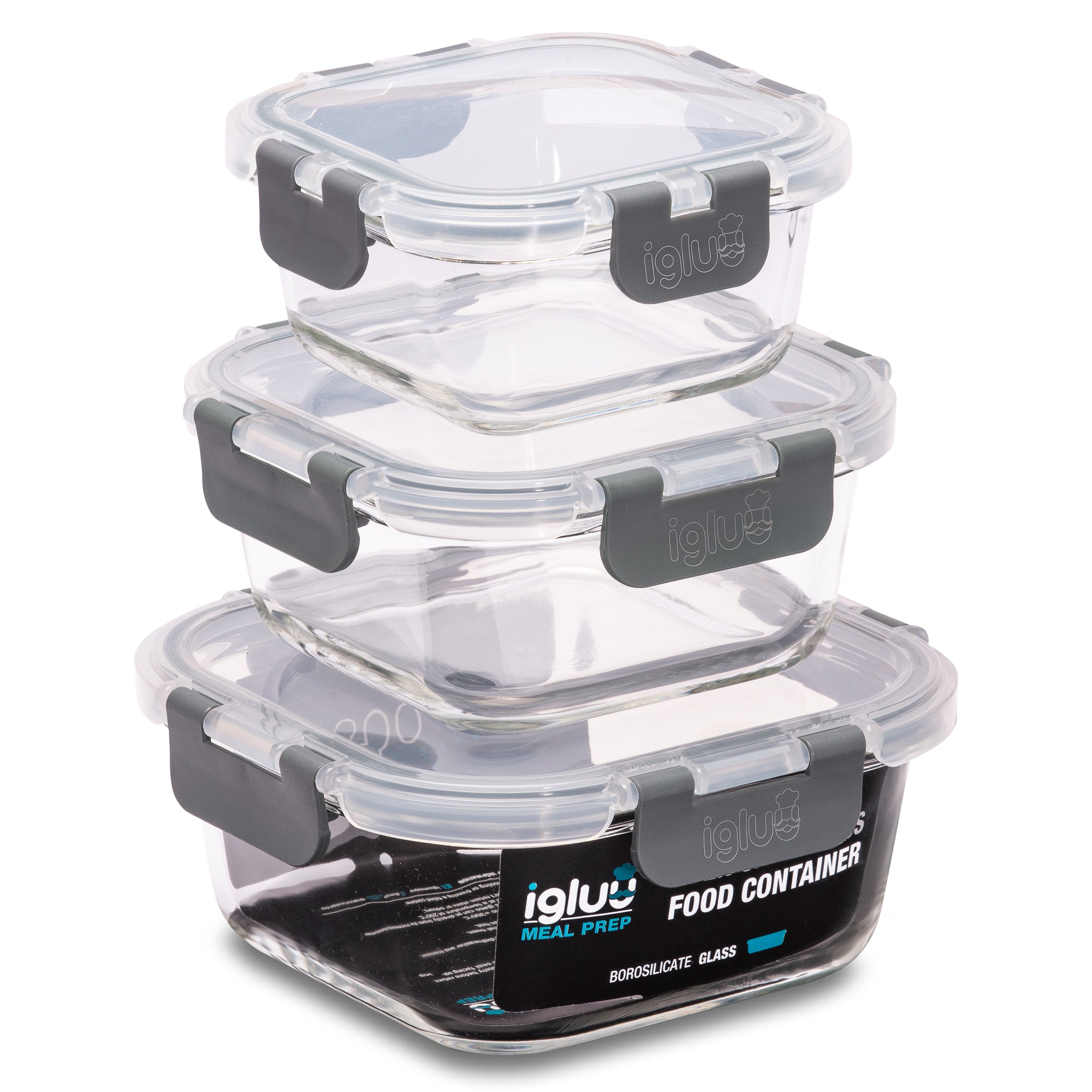 Set of three Igluu Meal Prep glass square containers in 800ml, 520ml, and 320ml stackable storage bowls.