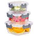 Set of three Igluu Meal Prep glass stackable square containers in 800ml, 520ml, and 320ml sizes with clear glass lids.