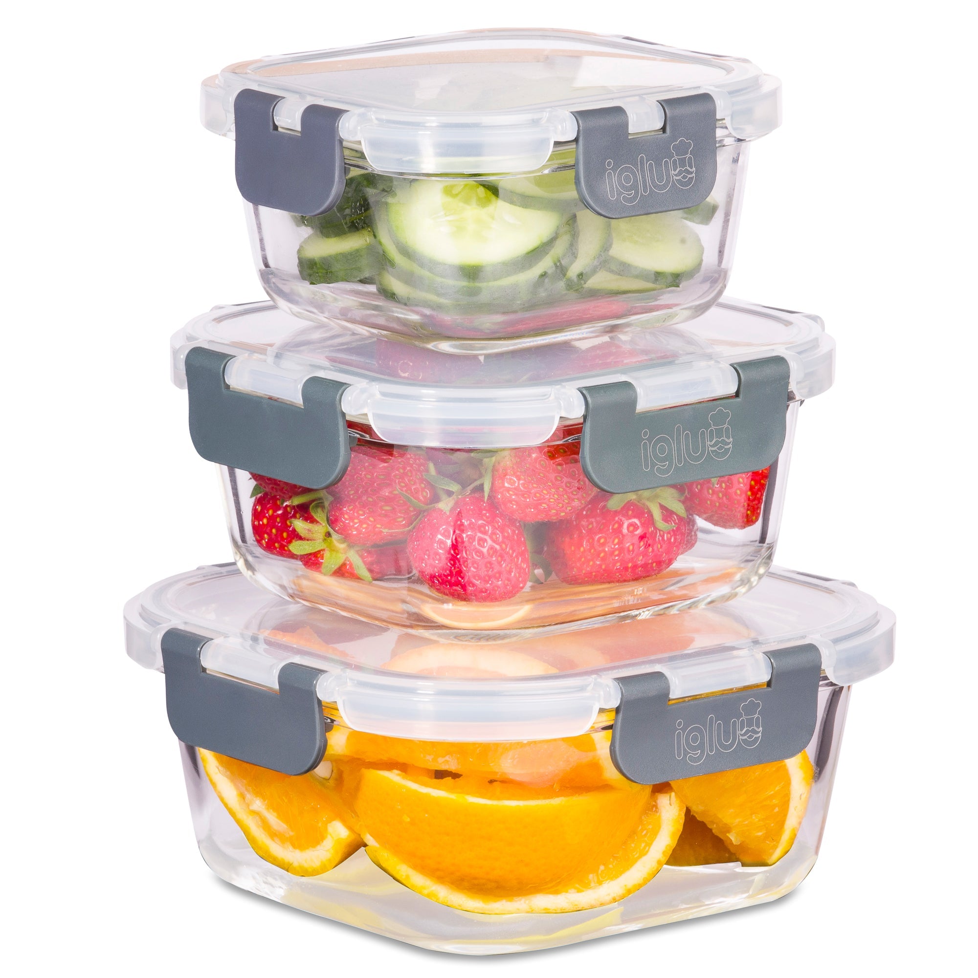 Set of three Igluu Meal Prep glass stackable square containers in 800ml, 520ml, and 320ml sizes with clear glass lids.