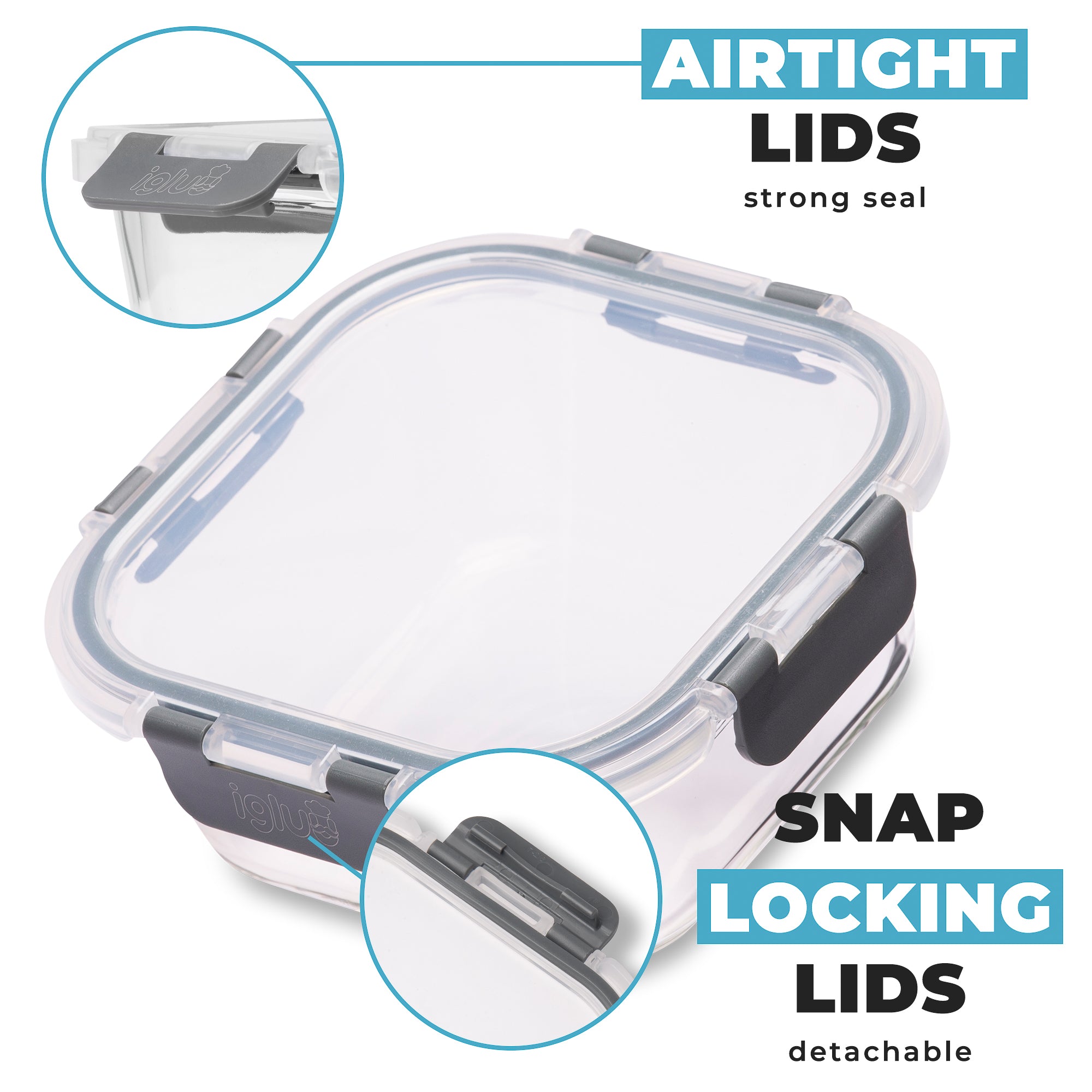 Set of three Igluu Meal Prep glass stackable square containers in 800ml, 520ml, and 320ml sizes for storage and meal prep.