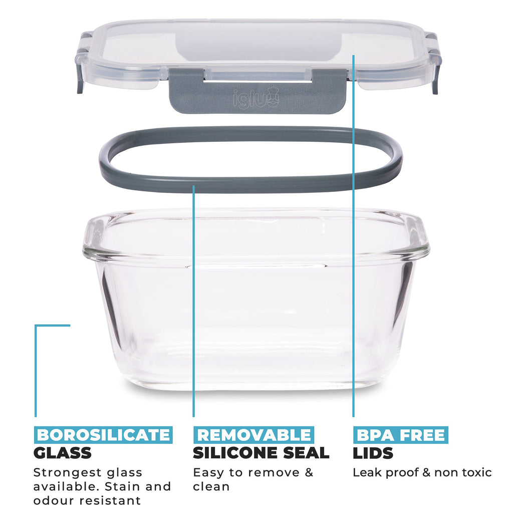 Set of three Igluu Meal Prep glass stackable square containers in 800ml, 520ml, and 320ml sizes, with clear lids.