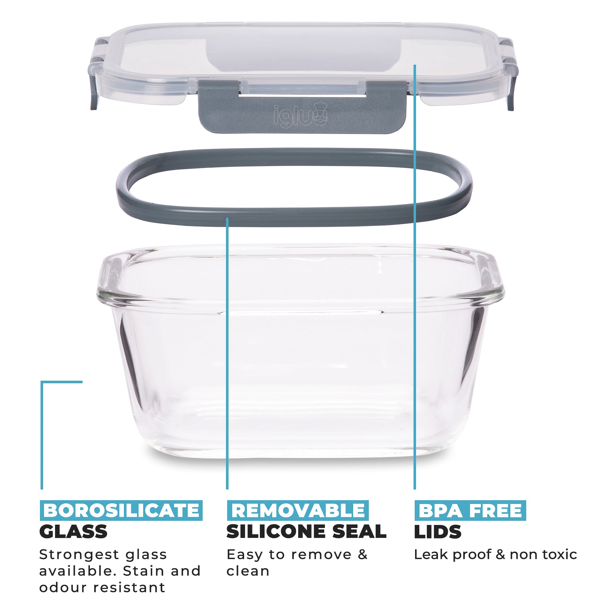 Set of three Igluu Meal Prep glass stackable square containers in 800ml, 520ml, and 320ml sizes, with clear lids.