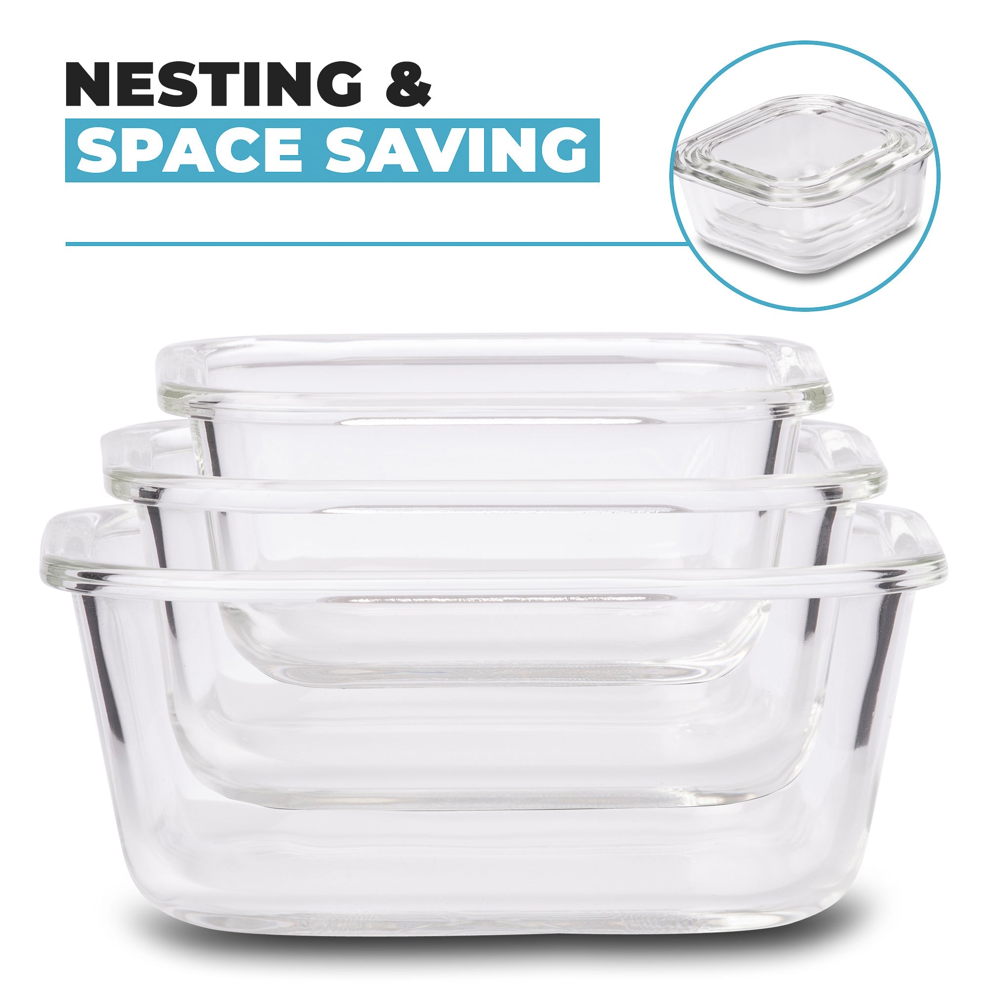 Set of three Igluu Meal Prep glass stackable square containers in 800ml, 520ml, and 320ml sizes, shown with lids.