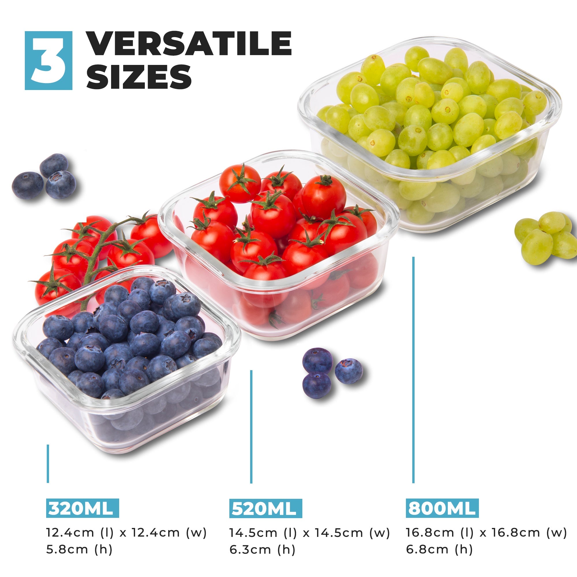 Set of three Igluu Meal Prep glass stackable square containers in 800ml, 520ml, and 320ml sizes for meal storage.