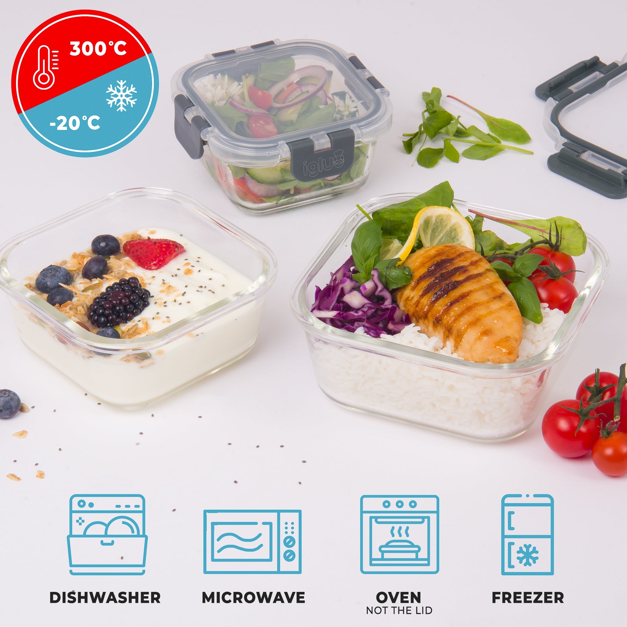 Set of three Igluu Meal Prep glass stackable square containers in 800ml, 520ml, and 320ml for food storage.