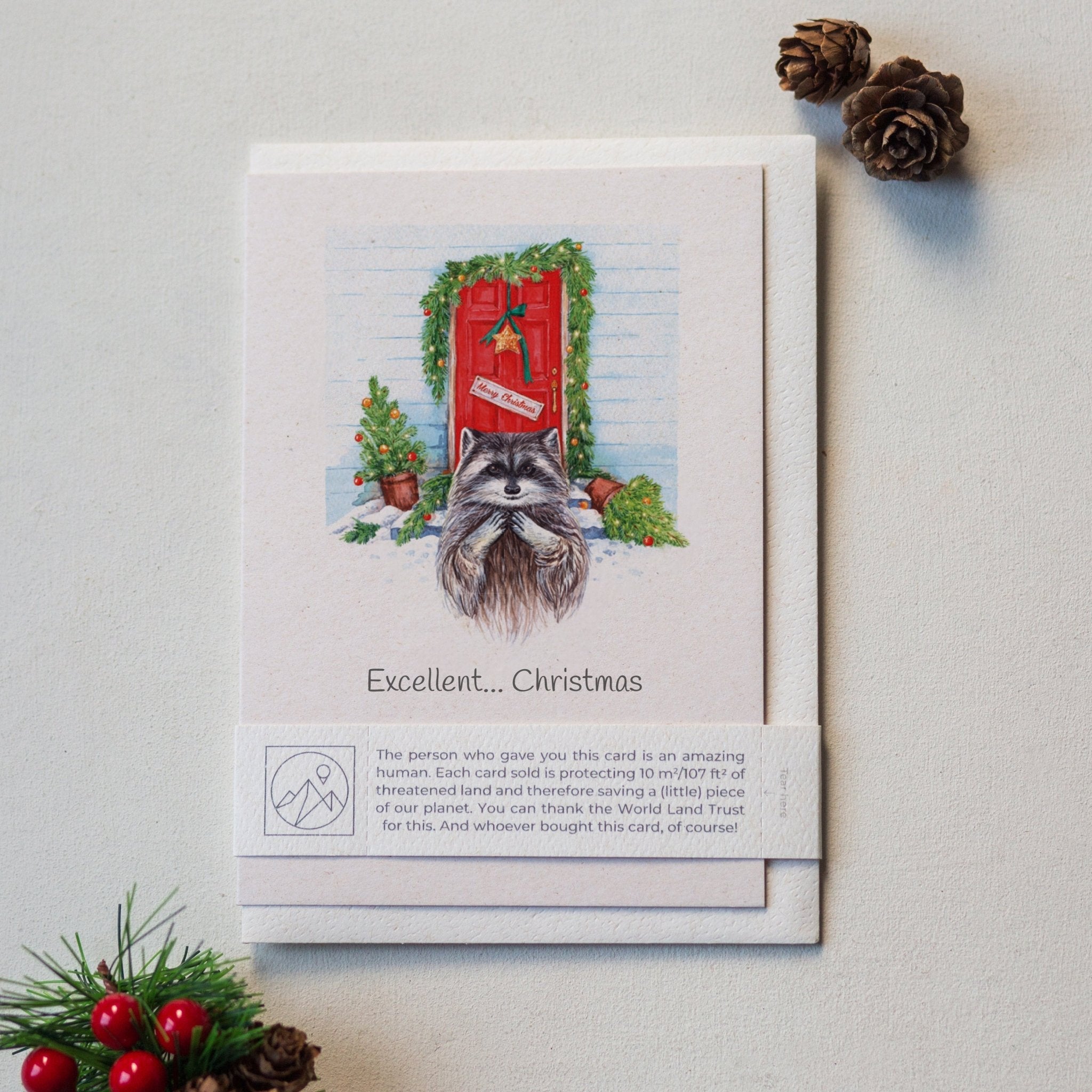 Trouvaille Animal Lover Charity Greeting Card featuring a raccoon in a festive Christmas setting, wildlife illustration for giving back.
