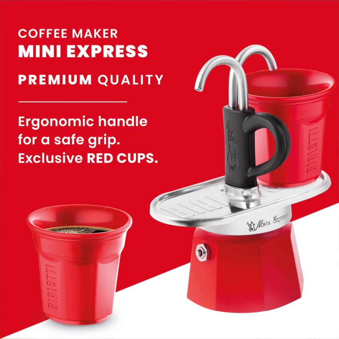 Red Bialetti Mini Express stovetop coffee maker with two cups, compact design, perfect for brewing double serve espresso.
