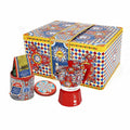 Red Bialetti Moka Express 3-cup coffee maker with Dolce&Gabbana Sicilian Cart gift set and coffee for authentic Italian brewing.