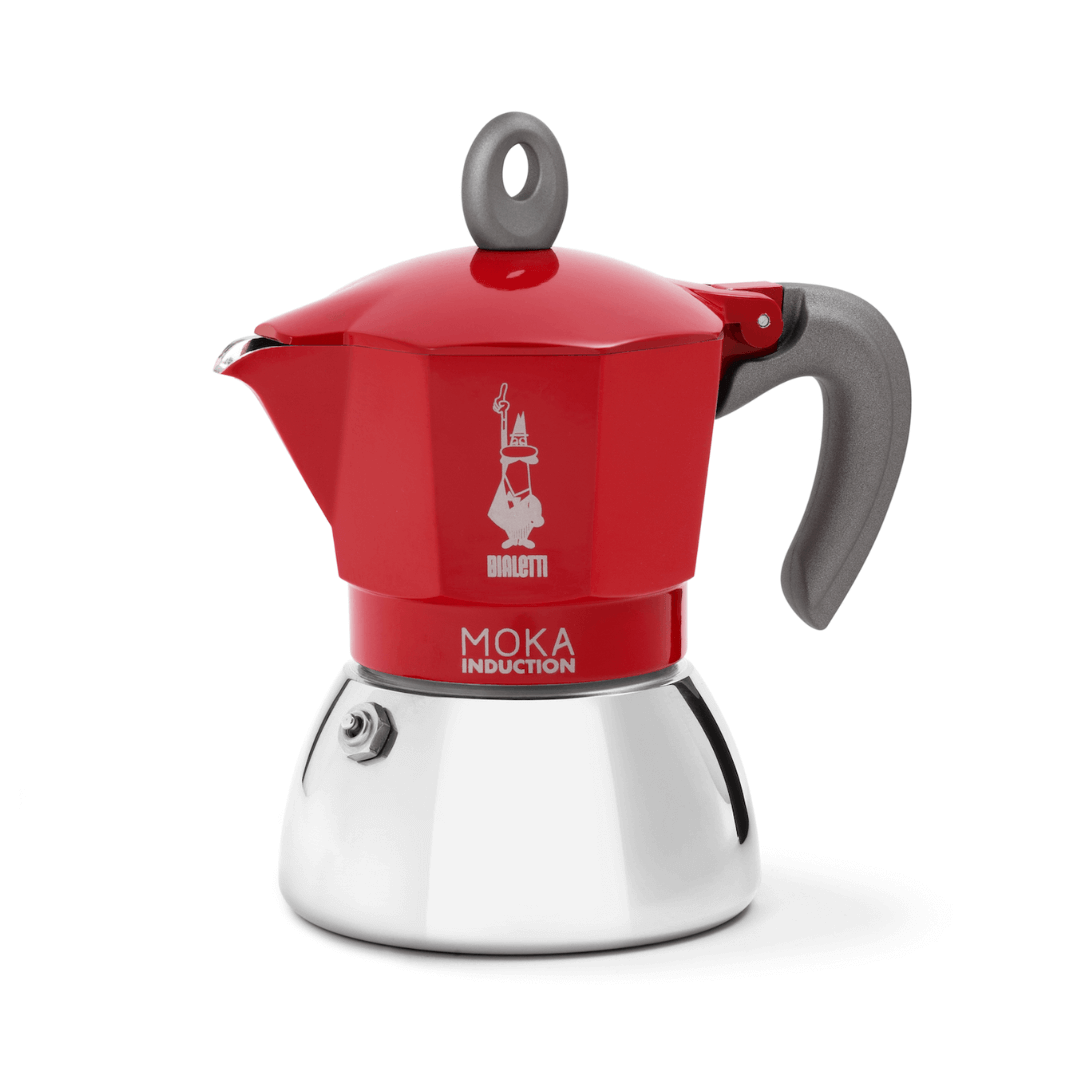 Red Bialetti Moka induction stovetop coffee maker for rich espresso brewing by Brew Italia.