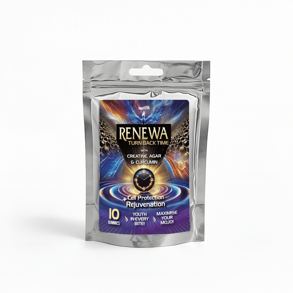 Innooova Renewa x10 Gummies with creatine and curcumin, showing a trial pack of tasty supplement gummies in colorful packaging.