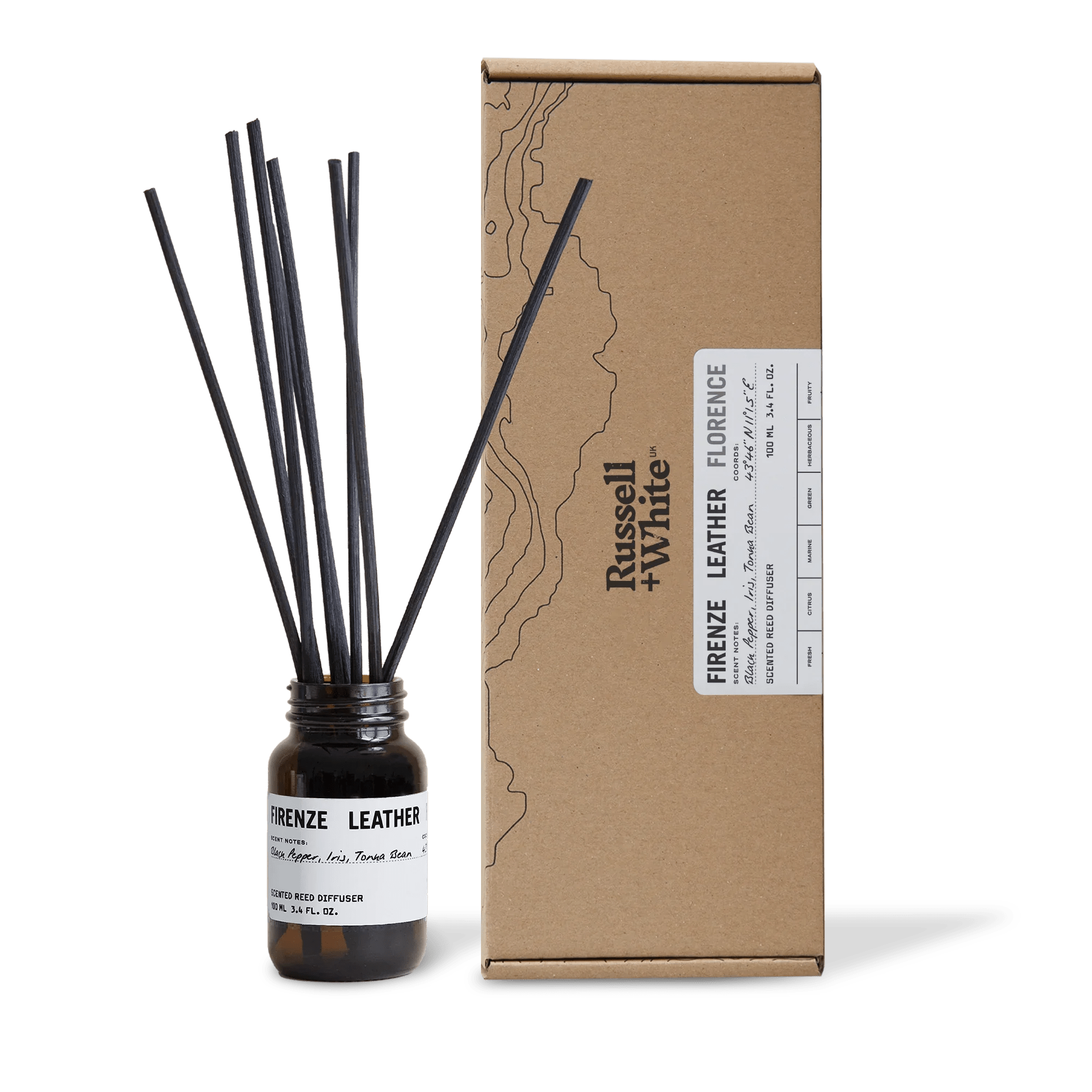 Russell + White Firenze Leather 100ml reed diffuser with elegant glass bottle and natural reed sticks for home fragrance.