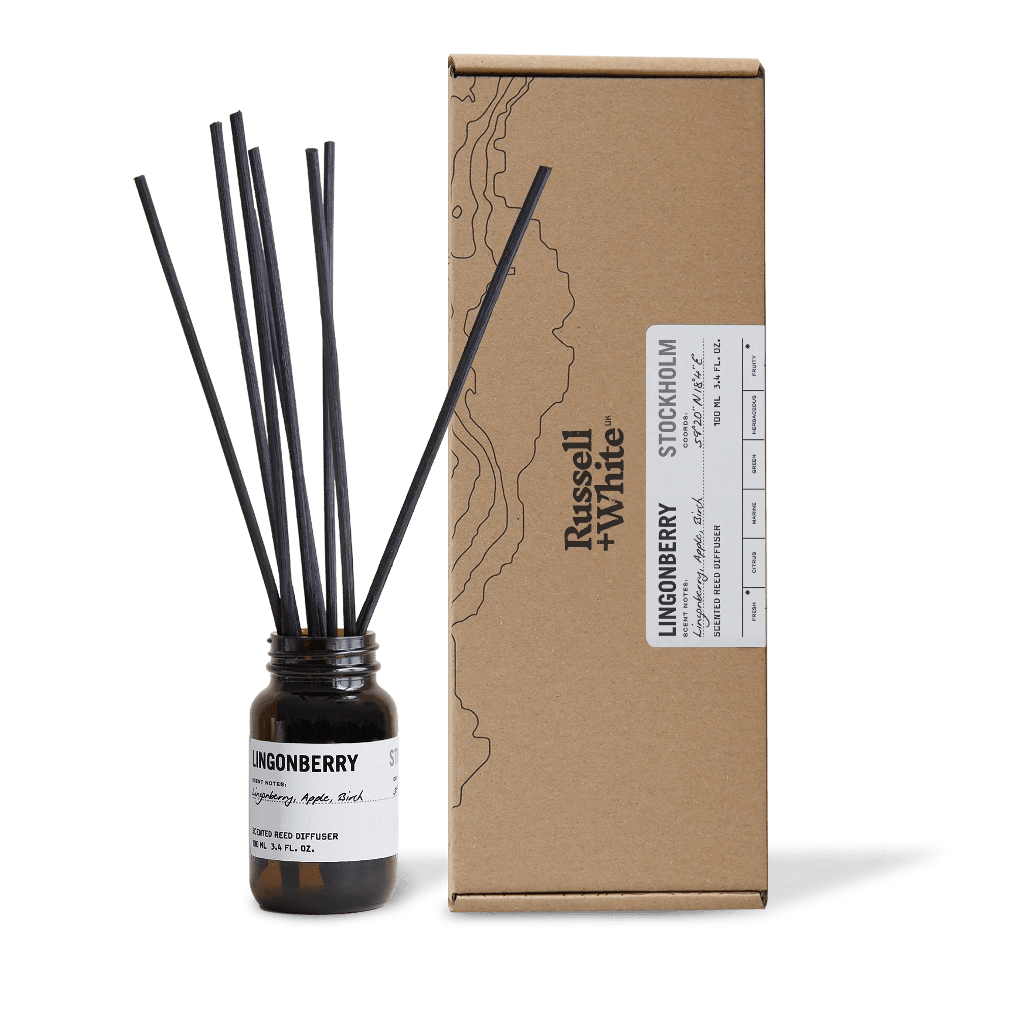 Russell + White Lingonberry reed diffuser with 100ml glass bottle and natural reeds, showcasing vibrant lingonberry scent.