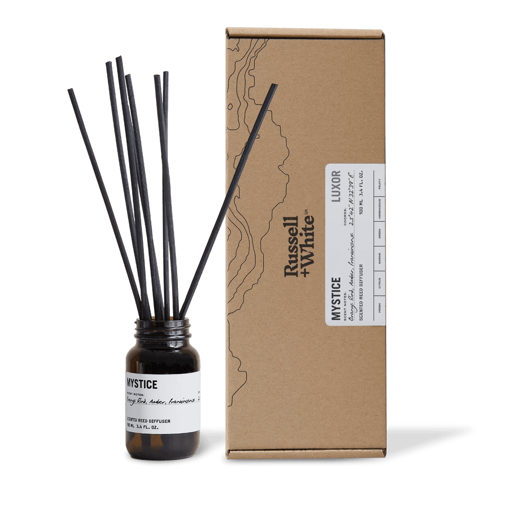 Russell + White Mystice 100ml Reed Diffuser with elegant glass bottle and reed sticks for home fragrance.