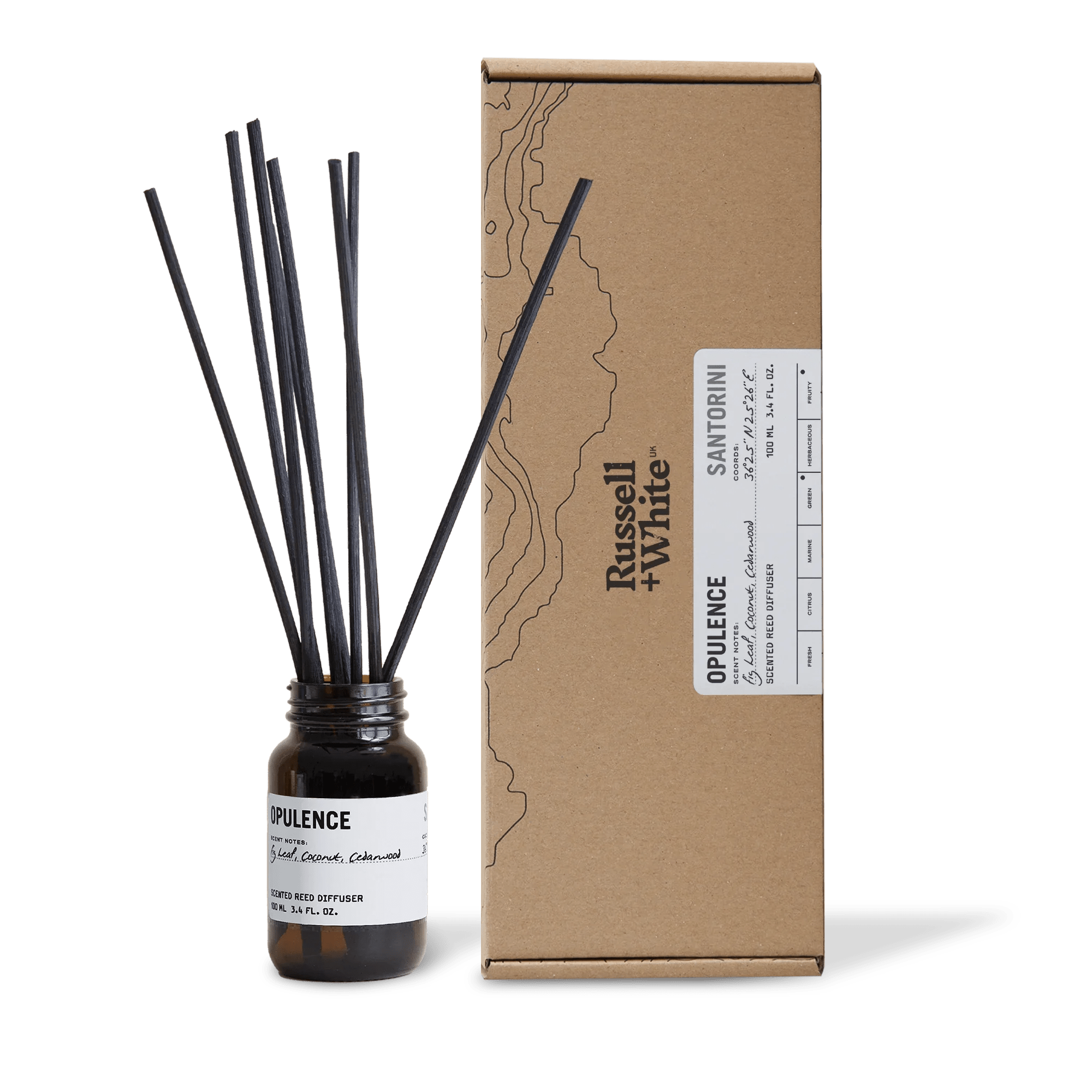 Russell + White Opulence 100ml reed diffuser with elegant glass bottle and reed sticks for home fragrance.