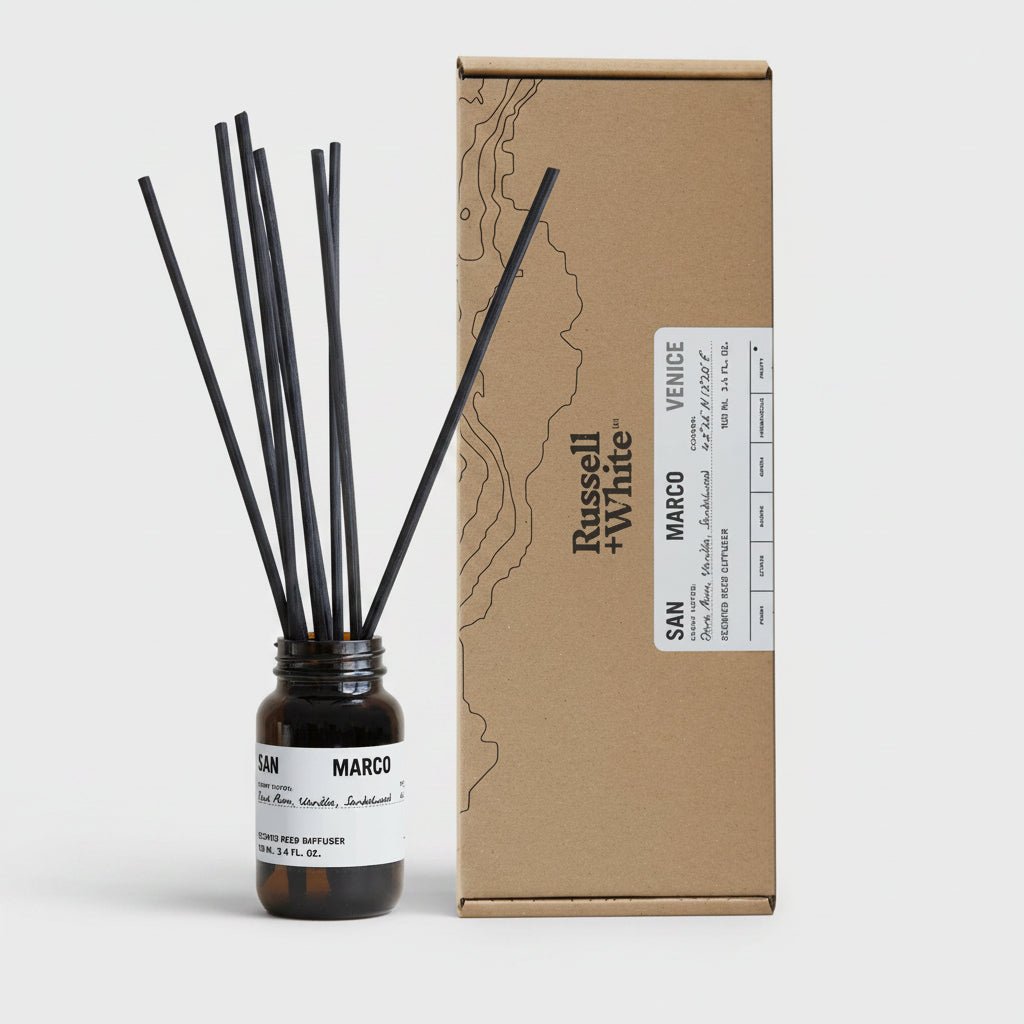 Russell + White San Marco 100ml reed diffuser with elegant glass bottle and reed sticks for home fragrance.