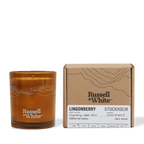 Lingonberry scented soy candle by Russell + White in a 250g glass jar, with a warm, inviting appearance and natural wax finish.