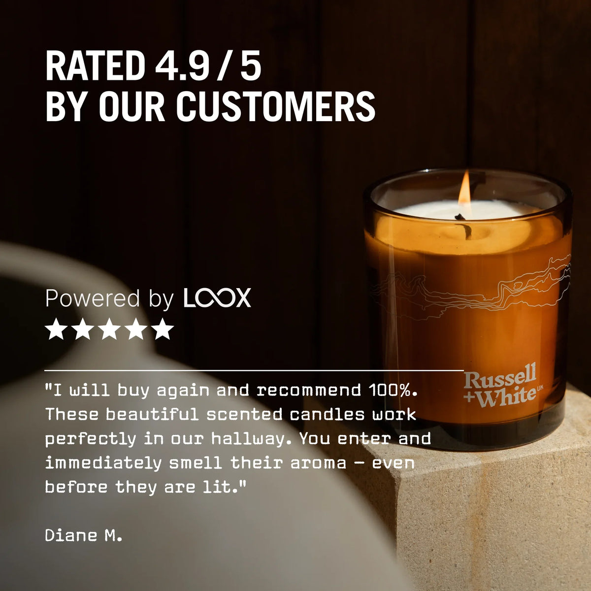 Russell + White Mystice scented soy candle, 250g, with a glass jar and flickering wick, emitting a calming aroma.