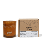Russell + White Opulence 250g scented soy candle with a glass jar and elegant label, perfect for creating a cozy ambiance.