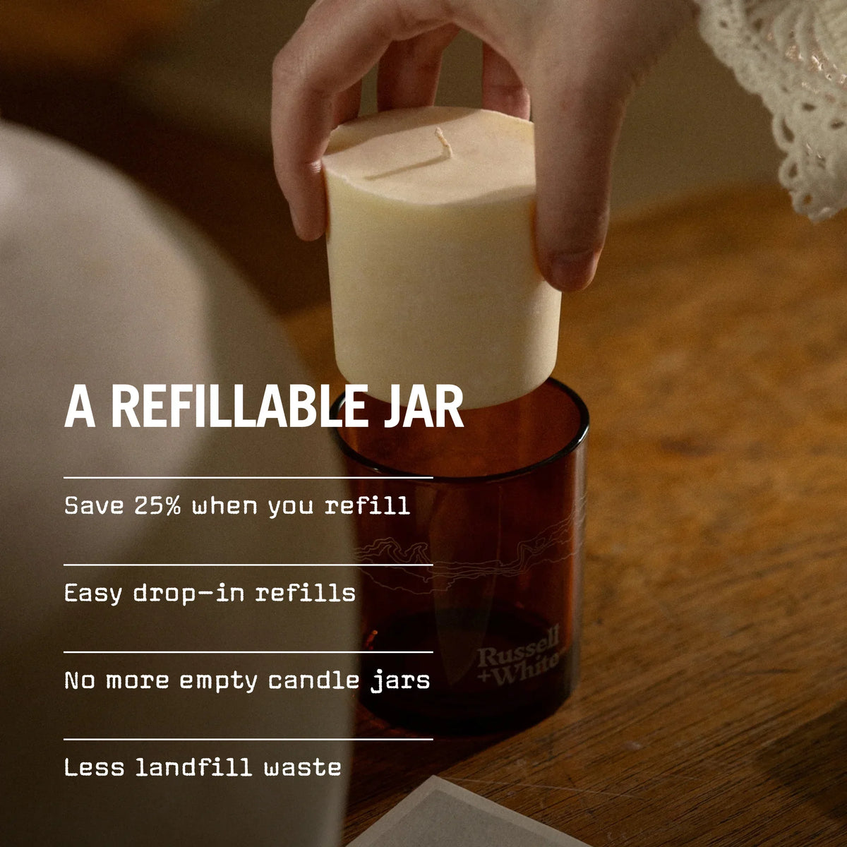 Russell + White Oud Fortune scented soy candle in a 250g glass jar with a warm, luxurious fragrance.