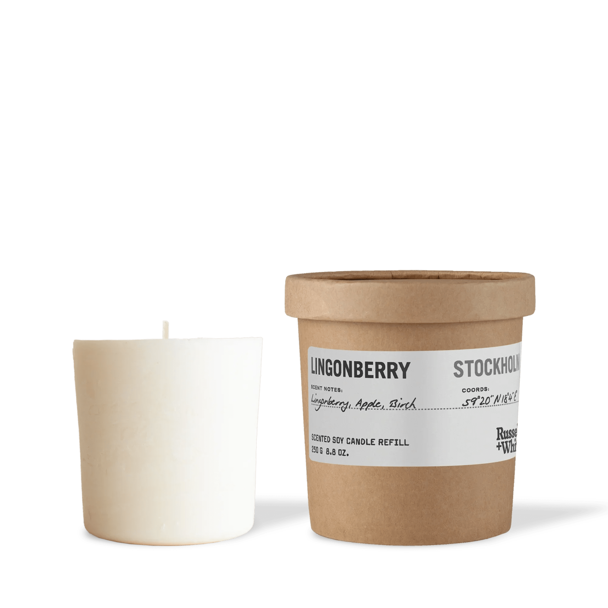 Lingonberry scented soy candle refill by Russell + White, 250g, with fresh lingonberry aroma and eco-friendly packaging.