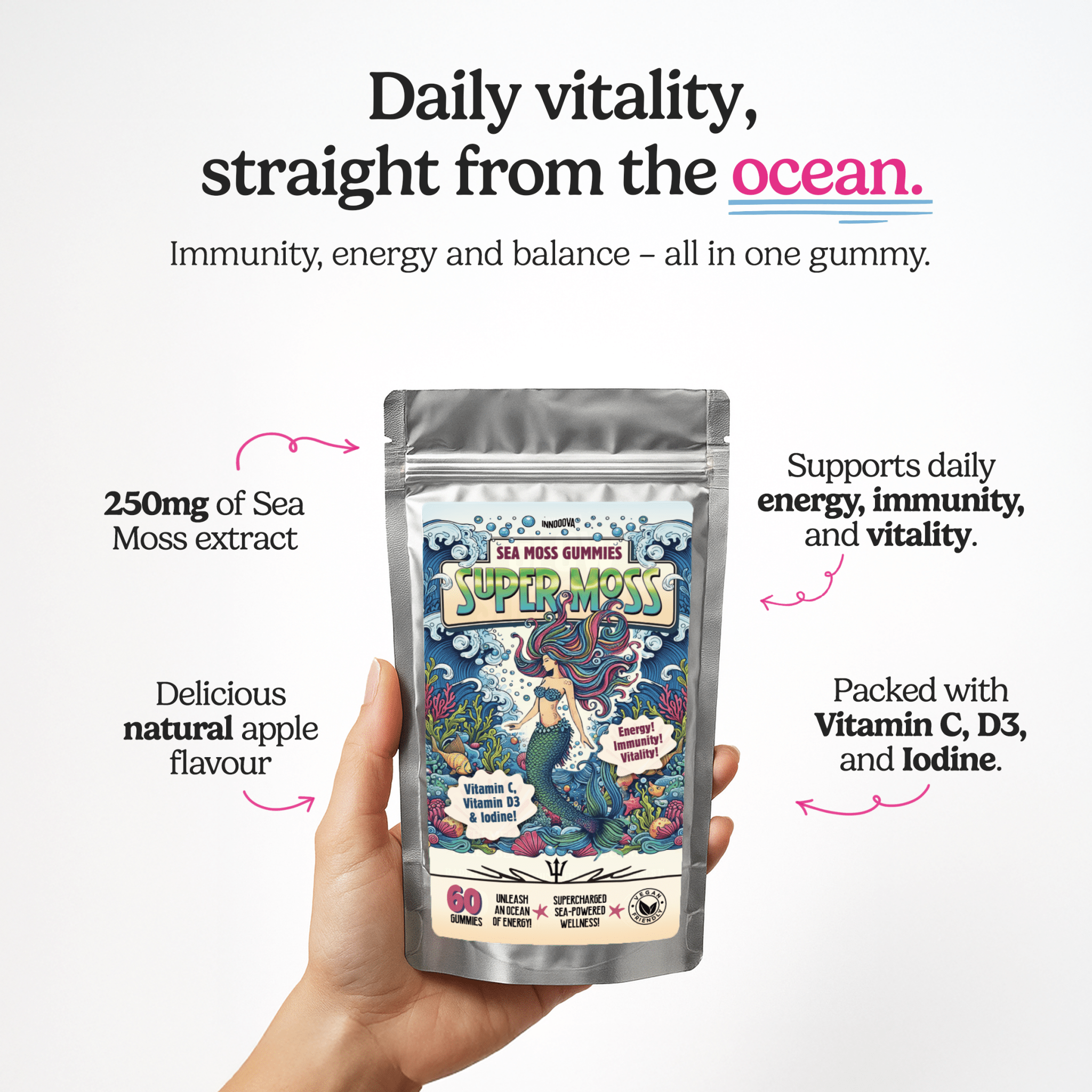 Innooova SuperMoss triple pack of sea moss, showcasing vibrant green sea moss fronds on a neutral background.