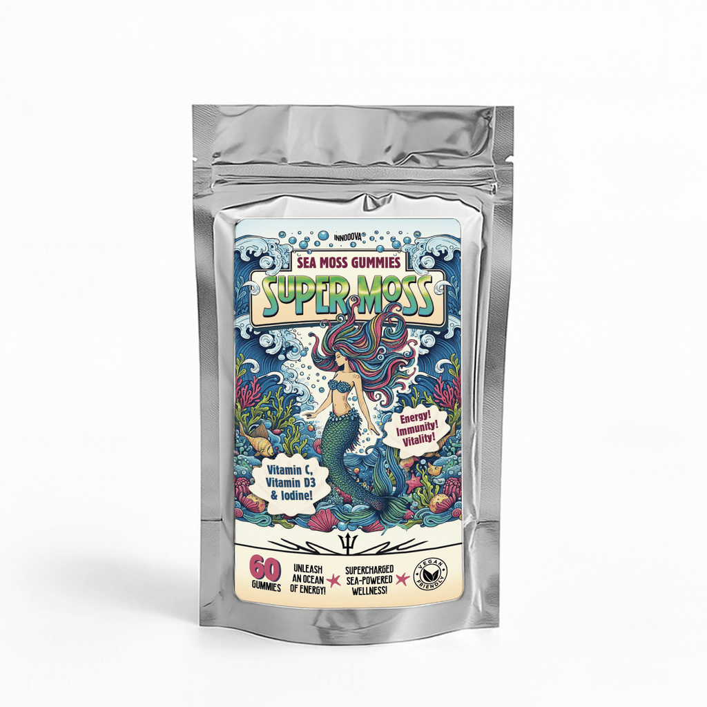 Innooova SuperMoss Sea Moss Gummies with apple flavor, 60 gummies, featuring sea-powered energy, immunity, and vitality benefits.