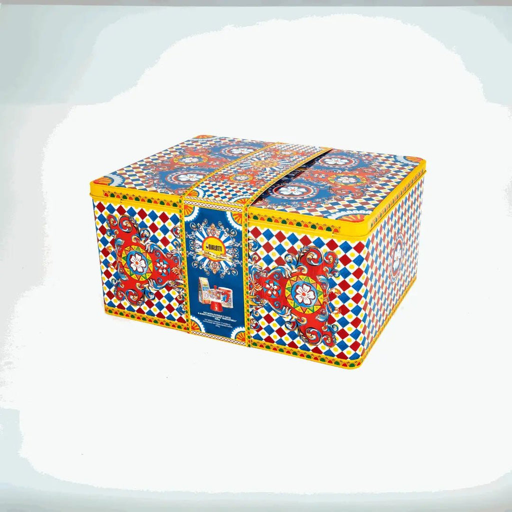 Bialetti Sicilian Cart gift set featuring a 3-cup Moka coffee maker with Dolce&Gabbana-inspired Sicilian design and coffee beans.