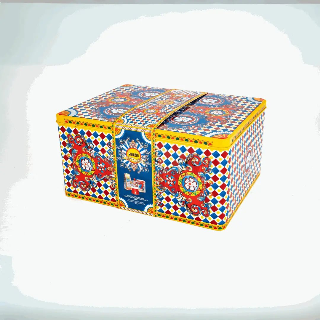 Bialetti Sicilian Cart gift set featuring a 3-cup Moka coffee maker with Dolce&Gabbana-inspired Sicilian design and coffee beans.