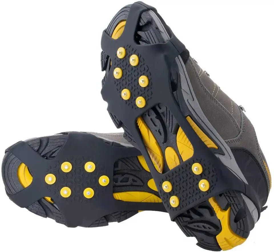 HikeWare silicone ice crampons with 10 steel studs attached to climbing shoes for winter ice and snow traction.