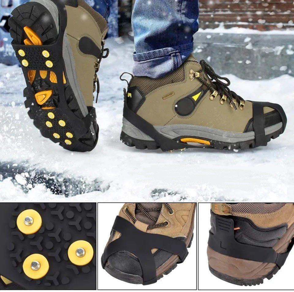 HikeWare silicone ice crampons with 10 steel studs for climbing shoes, designed for secure traction on icy surfaces.