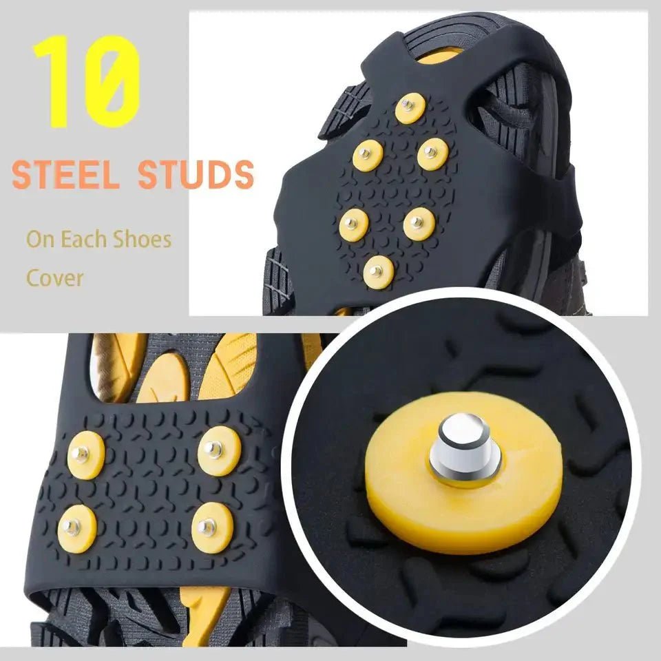 HikeWare silicone ice crampons with 10 steel studs attach to climbing shoes for icy and snowy outdoor adventures.