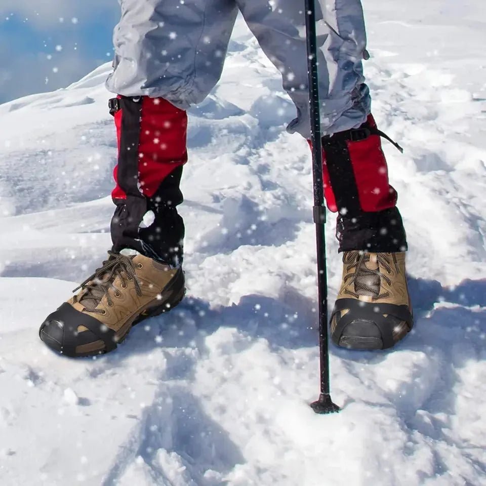 HikeWare silicone ice crampons with 10 steel studs for climbing shoes, providing grip and traction on icy surfaces.