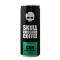 Six 250ml cans of Skull Crusher Coffee CBD-infused cold brew coffee, showcasing the sleek cans with colorful branding.
