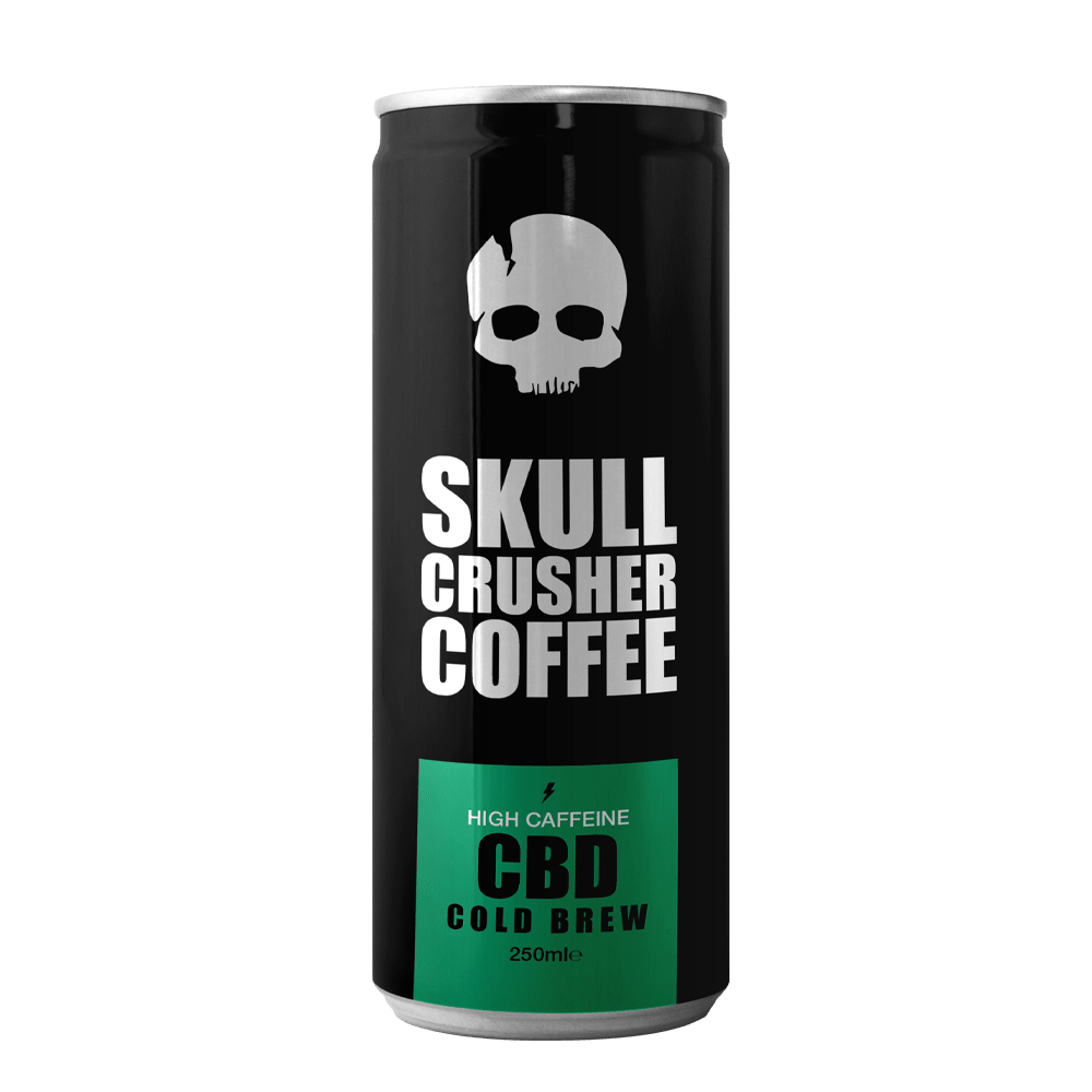 Six 250ml cans of Skull Crusher Coffee CBD-infused cold brew coffee, showcasing the sleek cans with colorful branding.
