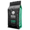 Skull Crusher Coffee infused with CBD, showing a dark roasted coffee bag with skull logo and vibrant branding elements.