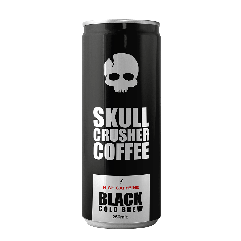 Six 250ml cans of Skull Crusher Coffee cold brew coffee, featuring sleek black cans and vibrant logo design.